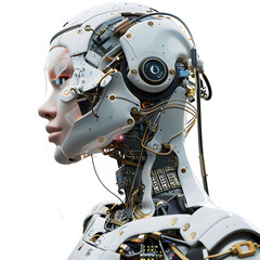 Fototapeta premium Futuristic Female Cyborg with Embedded IGBT Circuits on White Background