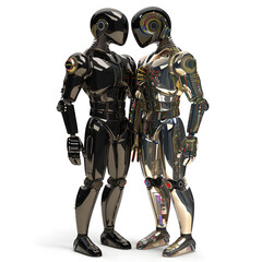 Fototapeta premium Futuristic 3D LGBT Couple with Metallic Features and Embedded LGBTQ+ Circuits on White Background - Symbol of Technological Progress and Partnership