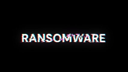3D rendering ransomware text with screen effects of technological glitches
