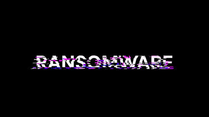 3D rendering ransomware text with screen effects of technological glitches