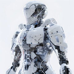 Futuristic 3D Character Revealing Internal IGBT Components on Transparent Panels, Technology Concept on White Background