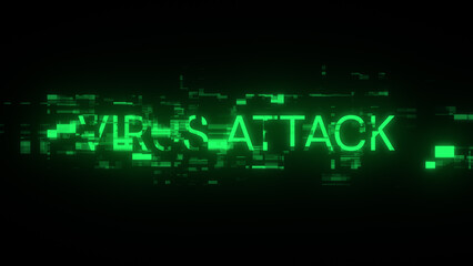 3D rendering virus attack text with screen effects of technological glitches