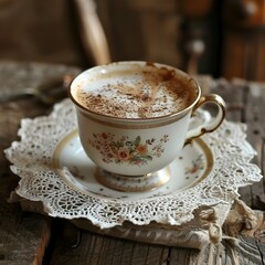 Vintage Cappuccino Cup with Lace Doily in Cozy Nostalgic Setting