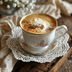 Vintage Cappuccino in Lace Trimmed Cup on Rustic Wooden Table with Cozy Atmosphere