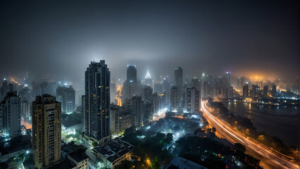 Fototapeta premium Night view of a bustling city, rain, fog, hazy