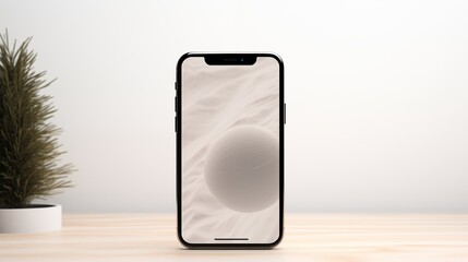 Black Smartphone mockup Displaying Abstract Wallpaper on Wooden Desk with Plant.