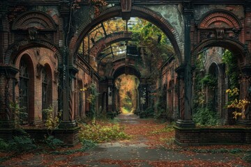 Fototapeta premium Mystical archway ruins overgrown with vines in an autumnal forest setting