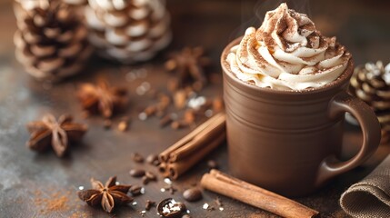 Cozy Winter Chocolate Drink with Whipped Cream and Cinnamon Sticks in Ceramic Cup
