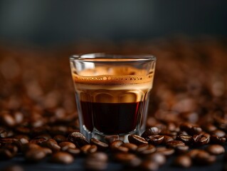 A Sophisticated Espresso Shot Amidst Roasted Coffee Beans on a Minimalist Background