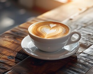 Cozy Coffee Delight Elegant Cafe Table with Latte Art Heart in Soft Natural Light