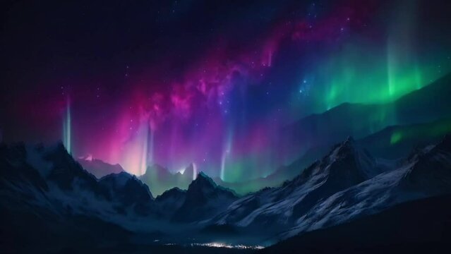 Beautiful view of snowy mountains at night with the movement of colorful green aurora on a starry night sky background. Colorful aurora night view background. 4K