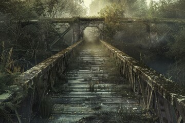 Obraz premium Atmospheric image of an old, overgrown bridge shrouded in fog within a serene forest