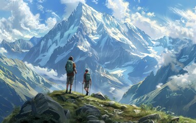 Fototapeta premium A man and a boy with hiking backpacks and trekking poles stand at the foot of a tall white-capped mountain. The concept of tourism, trekking, mountain climbing.