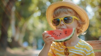 A young child is eating a watermelon while wearing a straw hat and sunglasses