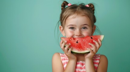 A young girl is holding a watermelon slice and smiling