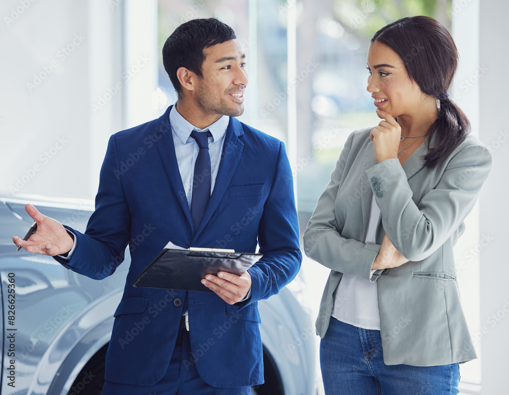 Sticker People, salesman and car dealership with client, pride and confidence for transport, loan or test drive in automobile. Woman, man and excited in showroom for decision in buying new vehicle in shop