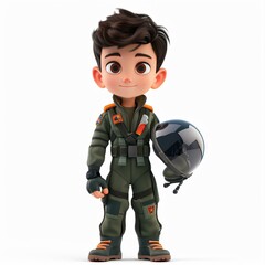 Cute Boy Cartoon in 3D Style Wearing Fighter Pilot Suit, Holding a Pilot Helmet, Isolated on White Background, Ideal for Aviation-Themed Children's Illustrations and Adventure Stories
