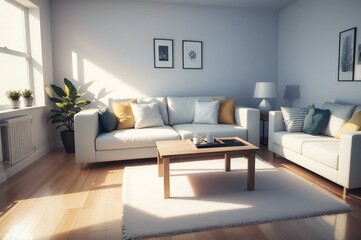 Inviting modern living room with sun-drenched ambiance, cozy sofa, wooden coffee table, and minimalist wall art
