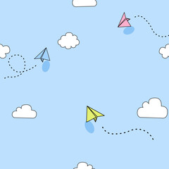 Seamless pattern. Welcome To School. Flying paper airplanes. Vector cartoon children planes in air. Back to school background drawing. backgrounds for Teacher appreciation day. 