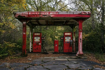 Vintage gas pumps at a deserted station among autumn leaves and overgrown foliage