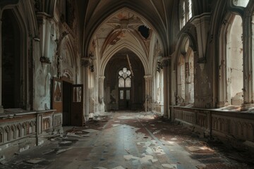 The haunting and eerie atmosphere of a desolate abandoned church interior with dilapidated architecture. Shattered windows. And peeling paint. Showcasing the grandeur and decay of this gothic