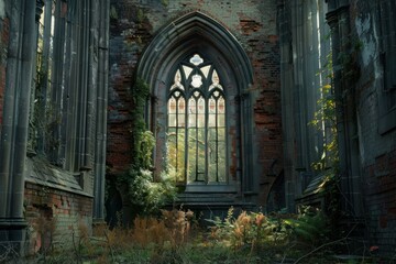 Fototapeta premium Overgrown with nature, the captivating ruins of this gothic church invite awe and mystery