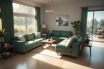 Fototapeta premium Stylish interior of a spacious living room with comfortable furniture and large windows on a sunny day