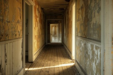 Exploring the sunlit, eerie abandoned corridor in a decaying building with serene yet derelict architecture, old and empty, haunted by history and vintage texture on the walls