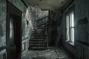 Haunting view of a derelict house with a decaying staircase and peeling wallpaper