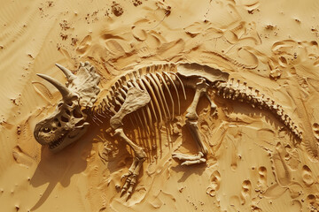 top view. archaeological excavations. outline of the skeleton of the dinosaur Triceratops in the sand