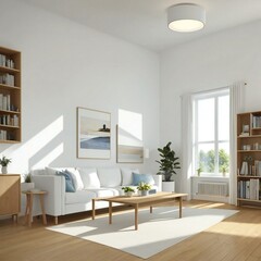 Bright and airy living room with a white sofa, wooden furnishings, and large window filling the space with natural light