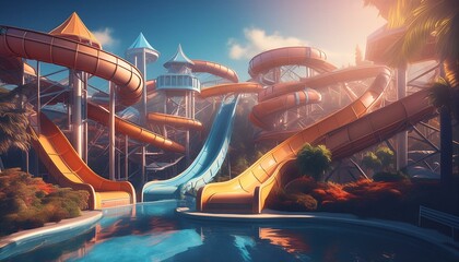 Beautiful slides in a water park 