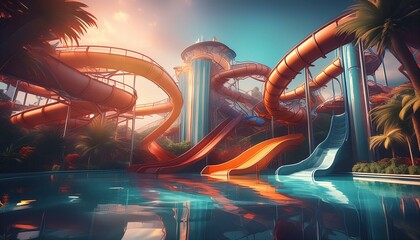 Beautiful slides in a water park 