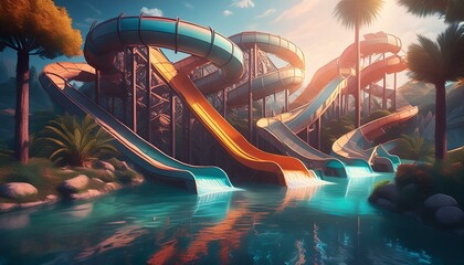 Beautiful slides in a water park 