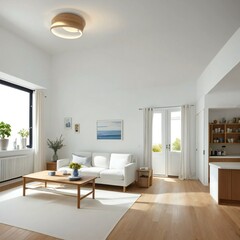 Modern living room interior with white furniture, wooden floors, and abundant natural light brightening the space