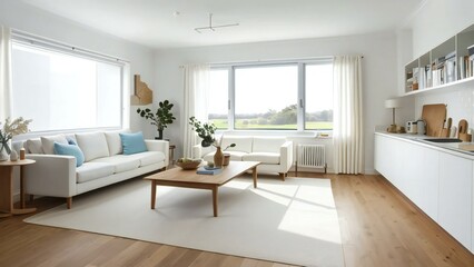 Bright and minimalist living room adorned with natural light, stylish furnishings, and a tranquil, inviting ambiance