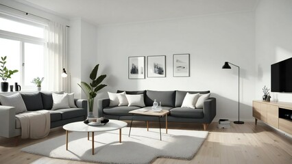 Bright and airy living room featuring gray sofas, white walls, wooden furniture, and decorative plants for a tranquil ambiance