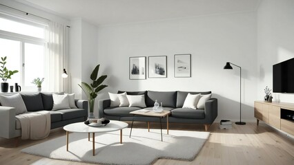 Fototapeta premium Bright and airy living room featuring gray sofas, white walls, wooden furniture, and decorative plants for a tranquil ambiance