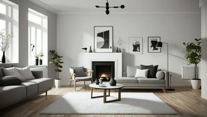 Stylish furniture, cozy fireplace, and chic monochromatic art pieces in a modern living room with a clean white wall background