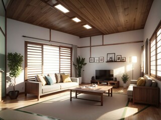 Warm and inviting japanese-style living room with tatami mats, wooden furnishings, and gentle lighting for a cozy and peaceful ambiance