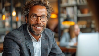 Fototapeta premium Man With Glasses Working on Laptop