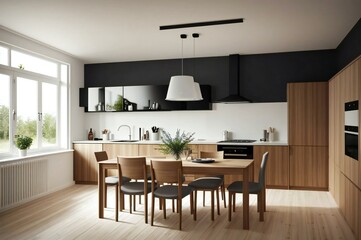 Modern kitchen design with wooden cabinetry, integrated appliances, and a charming dining table illuminated by natural light from expansive windows