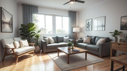 Contemporary living room interior with natural light, cozy furniture, and tasteful decor in a modern, minimalist design setting