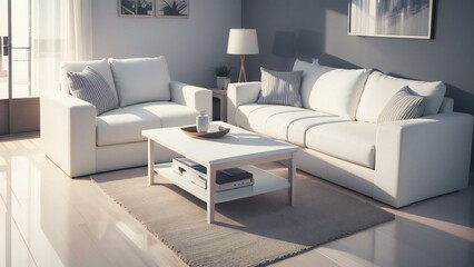 Contemporary living room with natural light, white sofas, coffee table, and chic decorations