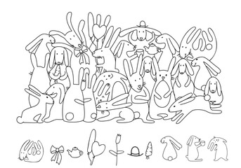 Find and color hidden objects. Cute bunnies. Easter rabbits. Coloring page. Educational puzzle game for children. Sketch vector illustration