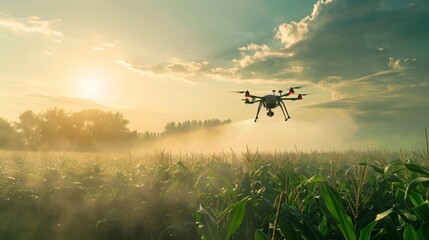 A drone is shown spraying crops in an expansive agricultural field during sunrise, indicating advanced farming techniques.