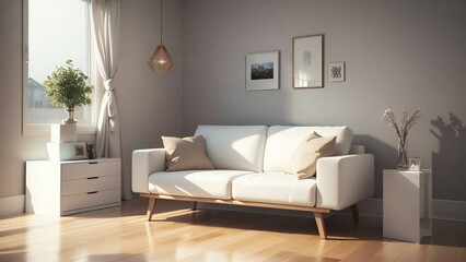 Spacious minimalist living room with a comfortable white sofa, hardwood floors, and natural light cascading through sheer white curtains