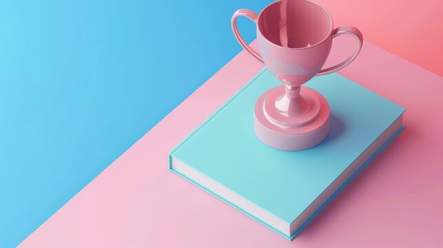3D render of a trophy and a book arranged in a top view flat design, using a tetradic color scheme focus on, educational achievement, dynamic, Composite, library table backdrop