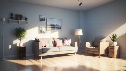 Modern, cozy living room bathed in natural sunlight, featuring elegant furniture and a serene color palette for a sophisticated interior