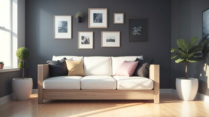 Stylish living room with a cozy sofa, beautiful wall art, and a vibrant houseplant soaking up the natural sunlight